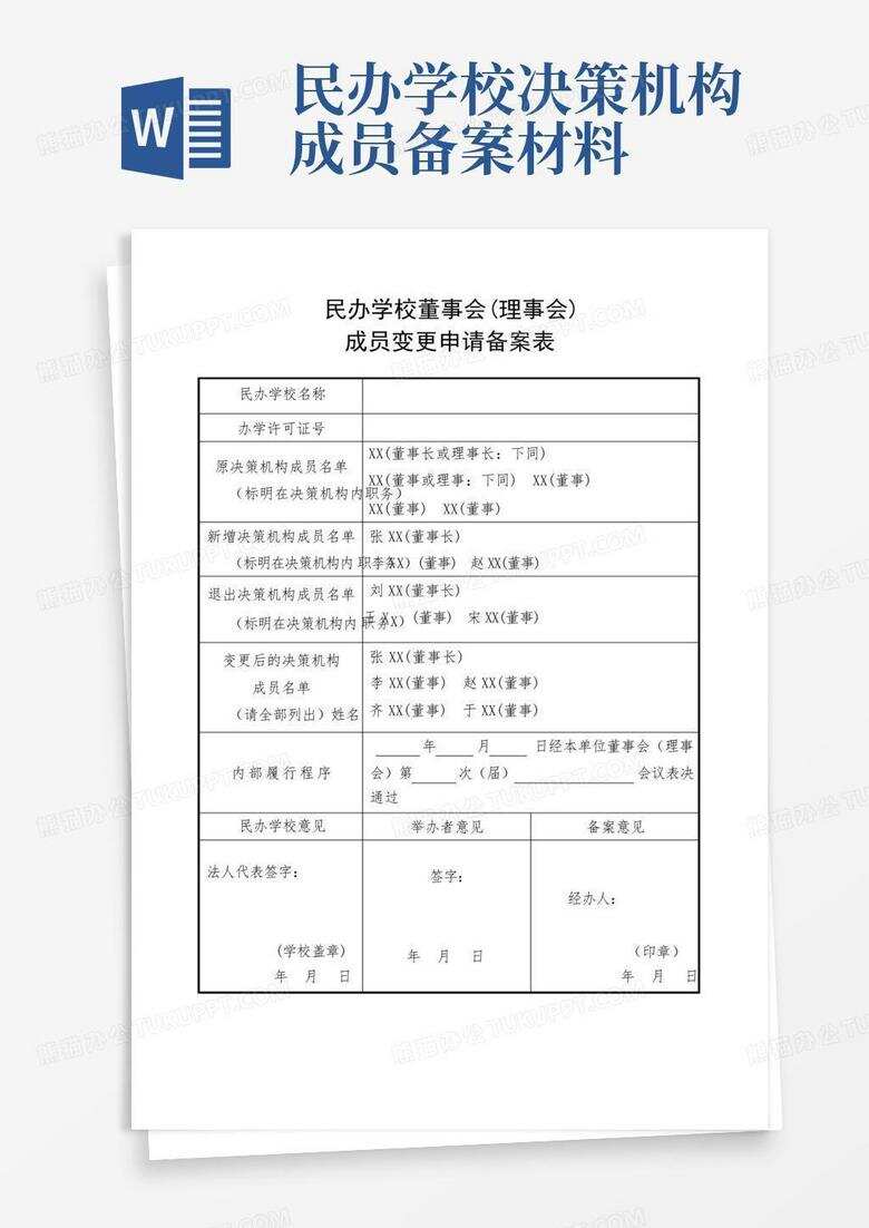 民办园决策机构成员名单备案表