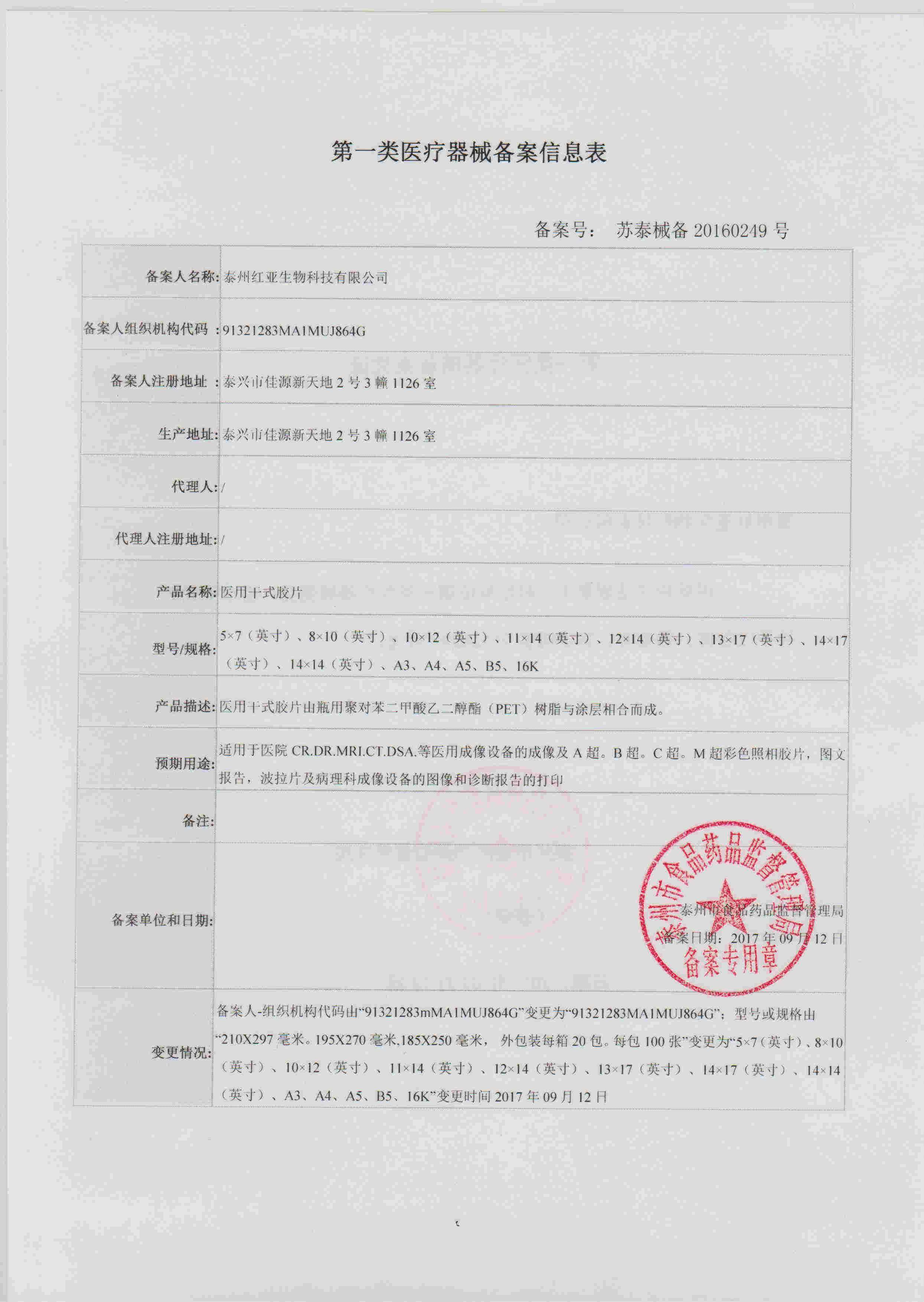 泰州医疗一类备案文件